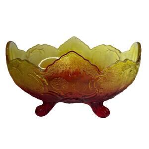 Jeanette Glass Fruit Bowl Lombardi Amberina Scalloped Edge Footed MCM Vintage